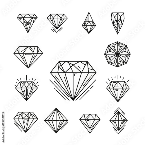 Set of thirteen black line art diamond icons and gemstone illustrations with various geometric facets and crystal shapes, isolated on a white background for graphic design.