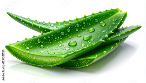 A close-up shot showcases vibrant green aloe vera leaves glistening with water droplets against a clean white background, highlighting their textured surface and natural beauty.