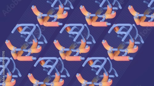 Cyclic 3D pattern of elegant nodes. Sky blue and coral shapes smoothly changing form. Elegant abstract isometric animation for stylish branding and digital backgrounds