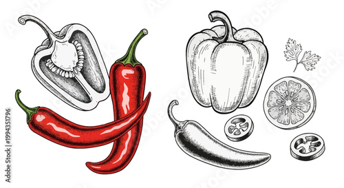Detailed hand-drawn ink illustration set featuring red hot chili peppers, whole bell pepper, cross-section of capsicum showing seeds, lemon slice, and parsley sprig on white background.