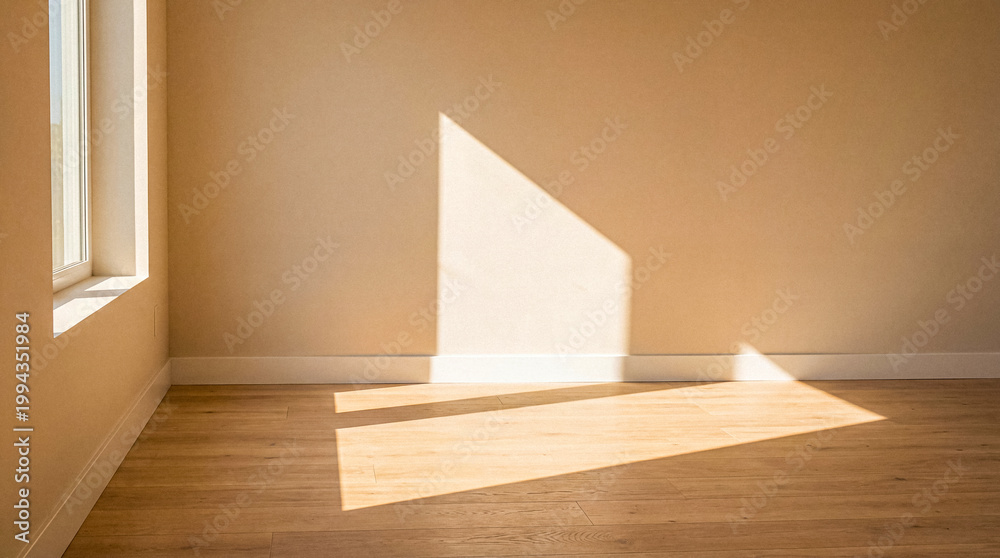 Εκτύπωση καμβά Geometric sunbeams illuminating a light wooden parquet floor near a corner window in a bright and empty modern room