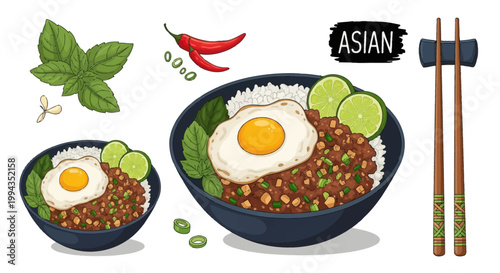 Vector illustration of Pad Krapow Moo Saap, a Thai stir-fried minced meat dish with holy basil, served over white rice with a fried egg, lime, chili peppers, and wooden chopsticks.