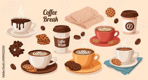 Flat vector illustration collection featuring ceramic mugs with latte art steam, takeaway paper cups, chocolate chip cookies, coffee beans and a folded knit sweater on beige.