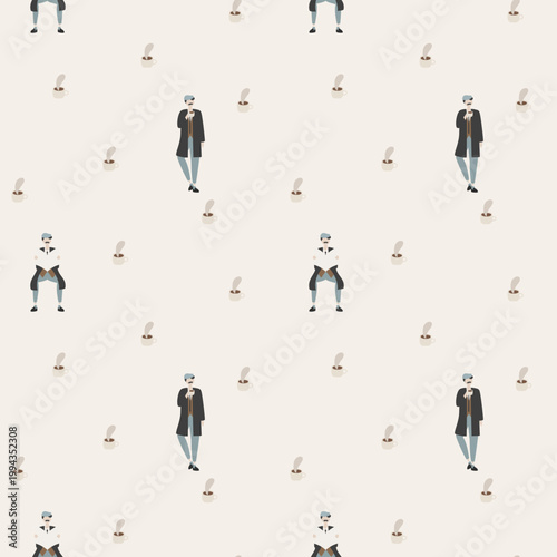 seamless minimal cozy everyday coffee lifestyle pattern with people characters, cozy modern repeat pattern background, flat vector illustration graphic design