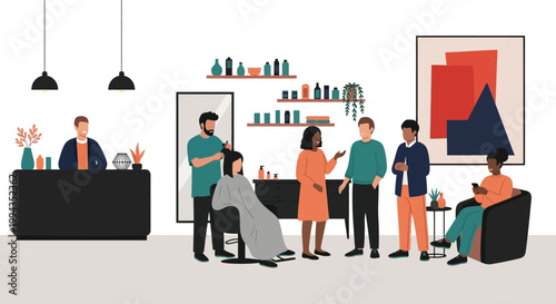 A bustling barbershop and hair salon scene depicts diverse people getting haircuts and waiting comfortably