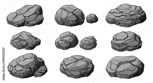Collection of nine hand-drawn grey rock and boulder illustrations featuring detailed cross-hatch shading and black outlines, isolated on a white background for graphic design use.