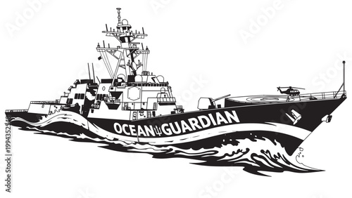 Rescue and patrol ship named Ocean Guardian navigating through water.