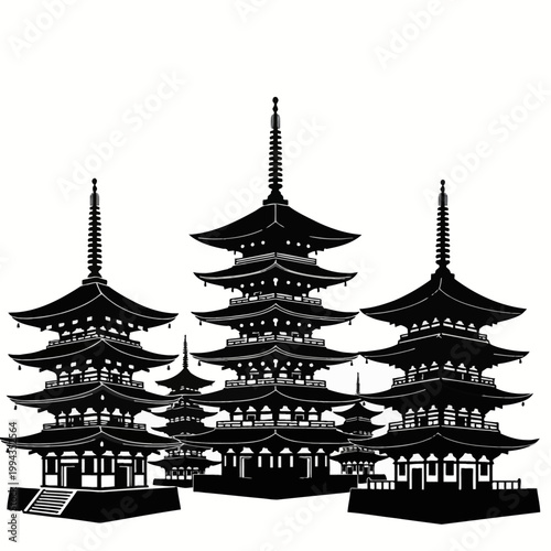Black and white silhouette vector illustration of multiple traditional Japanese five-storied pagodas with tiered roofs and tall finials isolated on a white background.