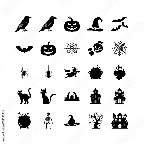 Halloween icons set with black silhouettes of bats, witches, and haunted houses featuring pumpkins, spiders, skeletons with cats and cauldrons