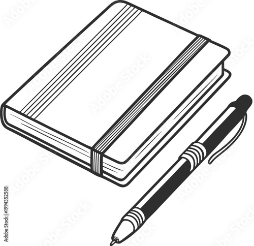 Closed notebook with an elastic band strap beside a ballpoint pen for daily notes