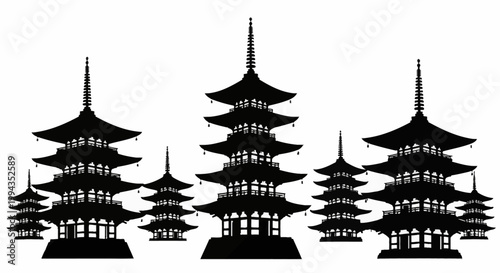 Black and white silhouette illustration of multiple traditional East Asian pagodas with tiered roofs and ornamental spires, isolated on a plain white background for graphic design.
