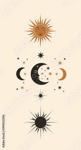 Vertical bohemian celestial art composition with anthropomorphic sun and moon phases, featuring stylized stars and sunbursts in black and terracotta on a cream background.