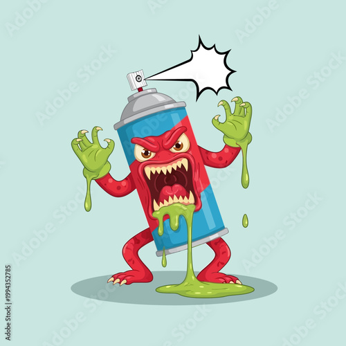 Angry Spray Can Monster Vomiting Green Slime, Cartoon Character