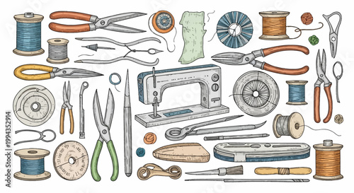 Comprehensive hand-drawn collection of sewing tools featuring an electric sewing machine, various metal scissors, thread spools, measuring devices, and craft accessories on white.
