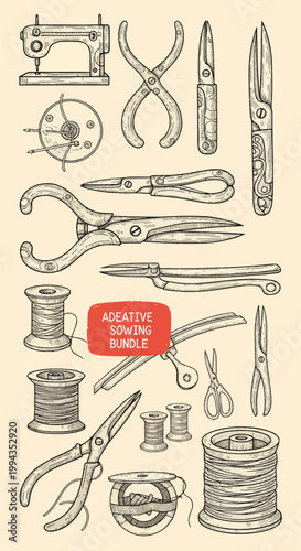 Vintage hand-drawn sewing and tailoring tool collection including a sewing machine, various scissors, shears, thread spools, and needlework equipment in an engraved line art style.