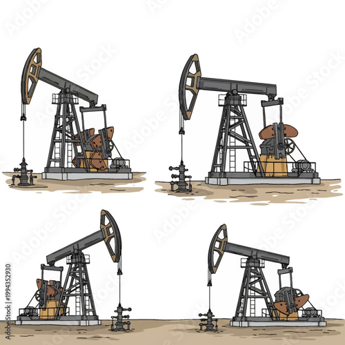 Hand-drawn vector illustration set of four industrial oil pumpjacks or nodding donkeys for petroleum extraction, featuring mechanical details isolated on a white background.