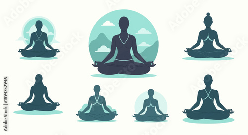 Flat vector illustration set featuring silhouettes of a woman in yoga lotus pose. Minimalist meditation icons with teal circular backgrounds, clouds, and mountain landscape elements.