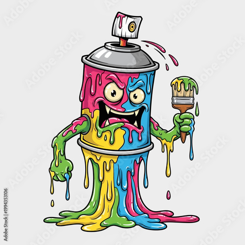Graffiti Spray Can Character Dripping Paint, Holding Brush