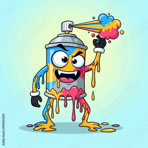 Graffiti Spray Can Character with Dripping Paint and Colorful Splatter