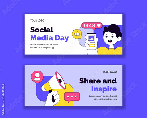 Flat Cartoon Hand Drawn Banner Background Social Media Day Template Illustration