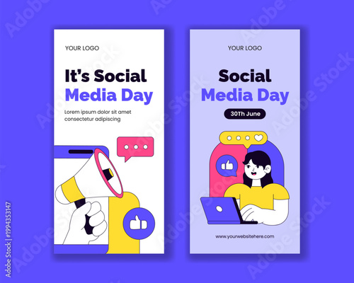 Social Media Day Flat Cartoon Hand Drawn Vertical Banner Background Illustration