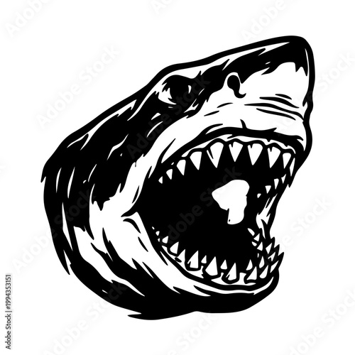 Aggressive shark jaw silhouette with sharp teeth. Open mouth biting position icon, representing power, danger, and predator instinct in a minimalist black and white vector style.
