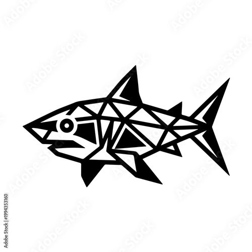 Minimalist geometric Great White Shark icon. Modern predator silhouette created with basic shapes, triangles, and circles. Clean black and white vector illustration for contemporary branding.