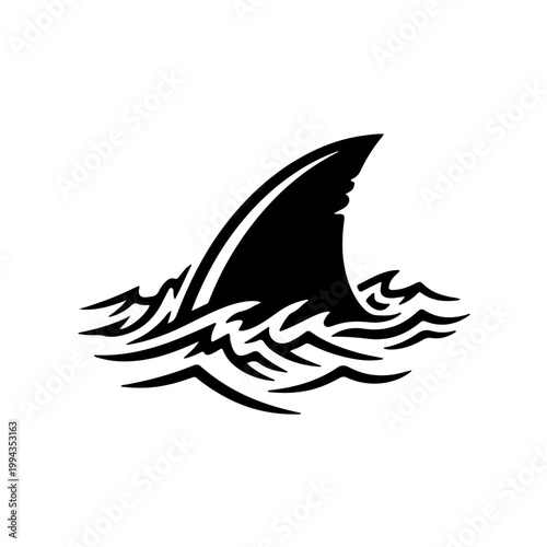 Minimalist black shark fin icon silhouette above water level. Vector dorsal fin symbol representing predator, danger, and marine wildlife.
 