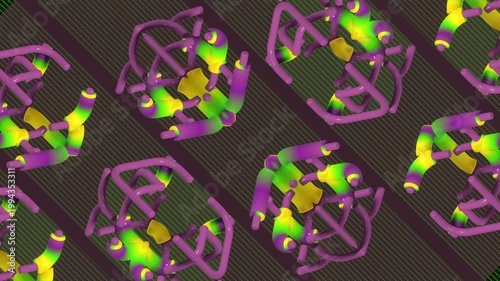 Energetic 3D animation of neon green and purple splines. Dynamic transformation in isometric view. High-contrast seamless loop for bold tech design and VJ graphics