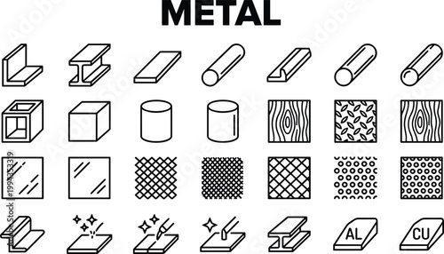 Metal materials and industrial shapes icon set featuring steel profiles, textures, sheets and construction elements in outline style