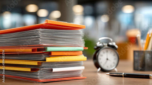Office paperwork stack with folders, papers, organized desk, professional workspace, modern corporate interior, business documents, productivity-focused setup