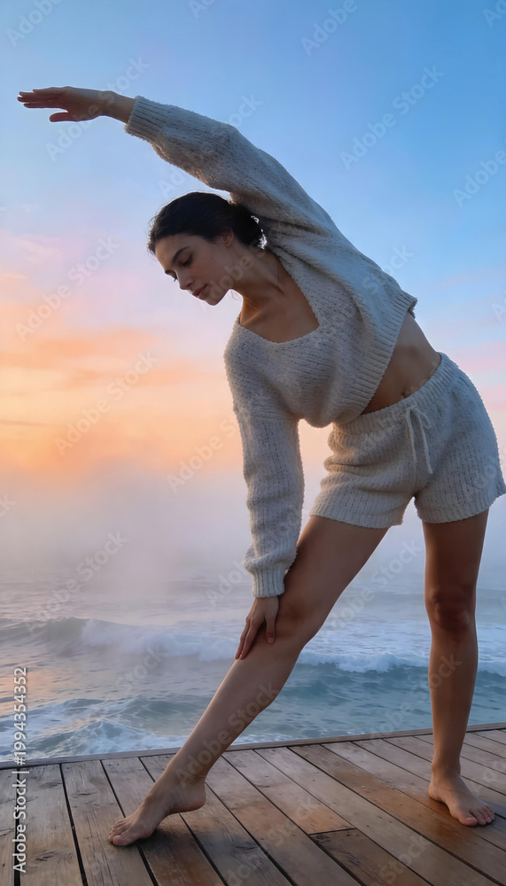 Fototapeta premium Woman doing yoga on wooden jetty at sunset. Girl wearing knitted summer resort outfit stretching by ocean. Fitness exercise at seaside, healthy lifestyle morning training concept.
