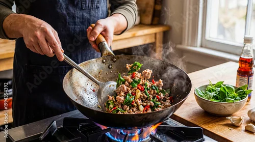 Fototapeta na wymiar Man cooking flavorful Thai basil pork (Pad Krapow) in a smoking wok on a gas stove in a home kitchen.