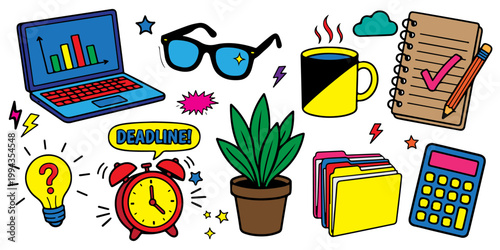 Business productivity and office workflow vector sticker set. Icons of laptop with charts, deadline alarm clock, creative idea bulb, and notepad isolated
