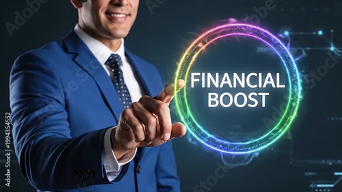 Business professional activating financial boost with futuristic holographic growth interface