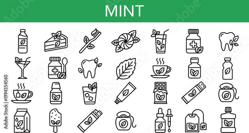 Mint flavored products icons set with food drinks dental care cosmetics and herbal freshness elements vector collection