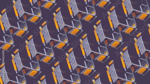 Bold 3D pattern. Gray and orange splines in a seamless isometric loop. Dynamic background mimicking the operation of a complex digital mechanism or conveyor. Ideal for IT and engineering