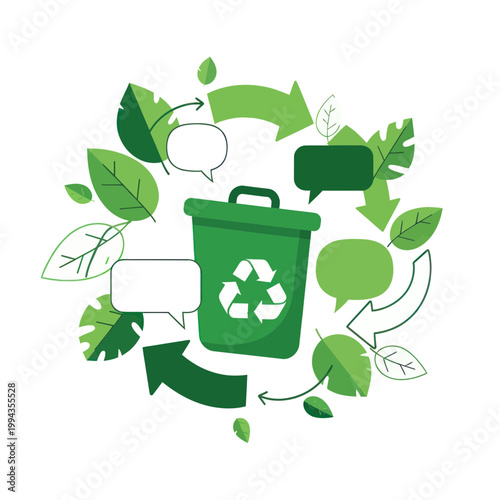Recycling Bin with Leaves, Arrows, and Speech Bubbles - Eco-Friendly Communication