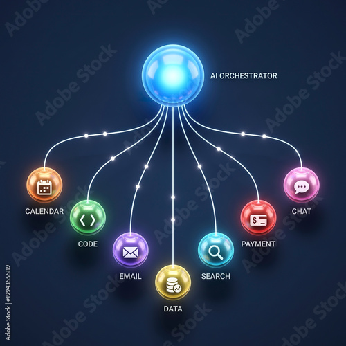 Multi-Agent AI Orchestration Network 3D Visualization, Futuristic Artificial Intelligence System Architecture, Digital Technology Automation Concept