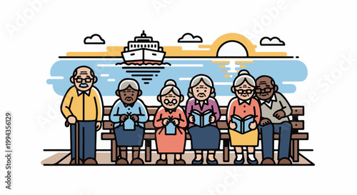 Diverse group of elderly people enjoy a seaside view, with a ship in the distance