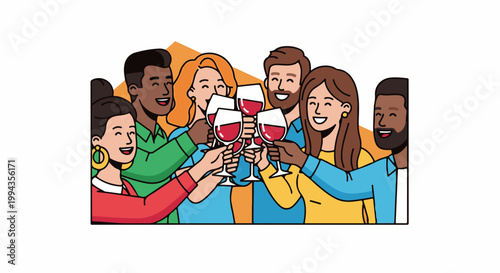 Diverse group of happy people toasting with red wine glasses in celebration