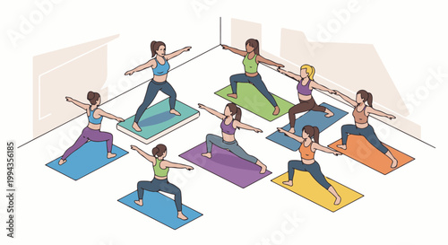Diverse group of individuals practicing yoga warrior pose in a studio setting