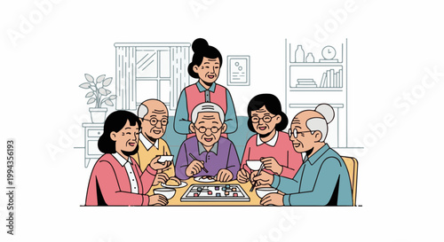 Diverse group of elders enjoying a board game together with drinks and snacks