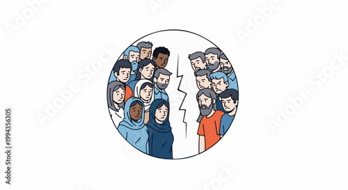 Diverse groups facing each other across a divide, symbolizing conflict and division