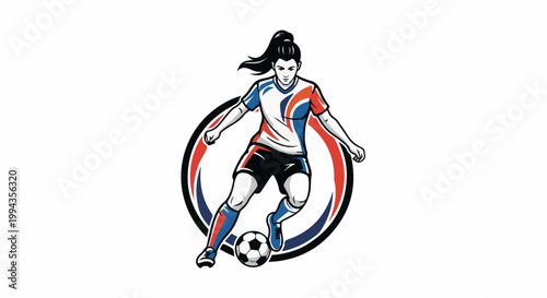 Dynamic female soccer player in action, dribbling ball within a circular emblem