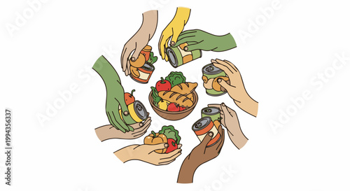 Diverse hands share canned goods and fresh produce in a circle