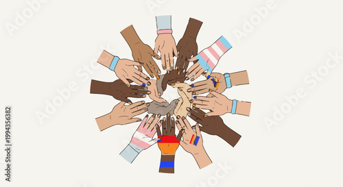 Diverse hands with colored bracelets and painted nails form a unified circle, symbolizing inclusivity and solidarity
