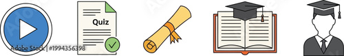 Education graduation icons depict academic achievements and learning.