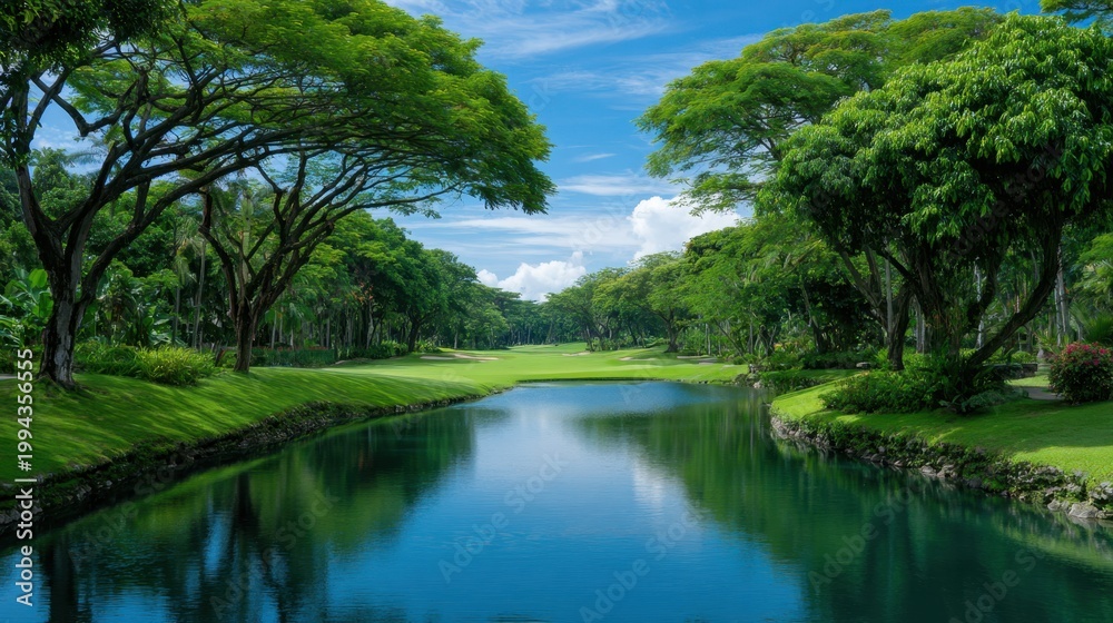 Fototapeta premium Serene Golf Course Landscape with Lush Greenery and Calm Water Reflection Under Bright Blue Sky
