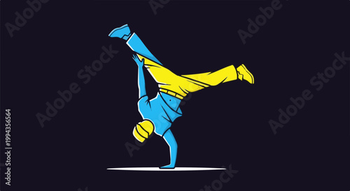 Dynamic illustration of a person breakdancing on one hand against a dark background